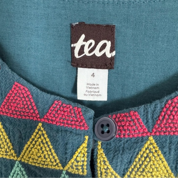 Tea Collection Dress Girl Size 4 Teal Blue Embroidered Flutter Sleeve Geometric - Picture 2 of 12